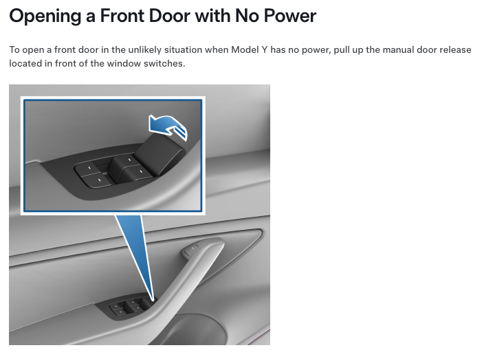 Tesla owner's manual showing how to manually open doors in Model Y